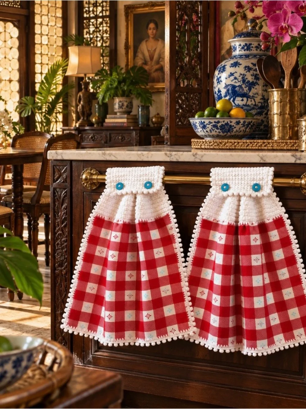 Pioneer Woman Crochet Hanging Kitchen Towels Pair Red Check